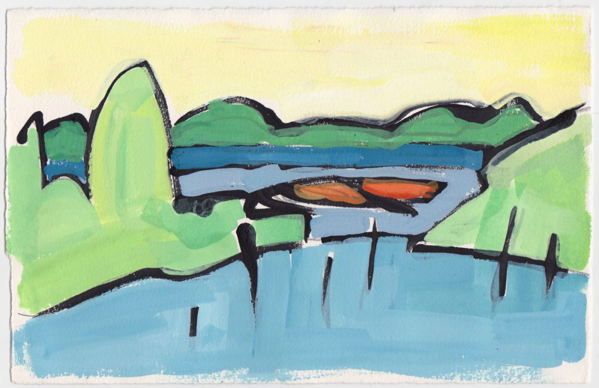 Small gouache painting of lakefront