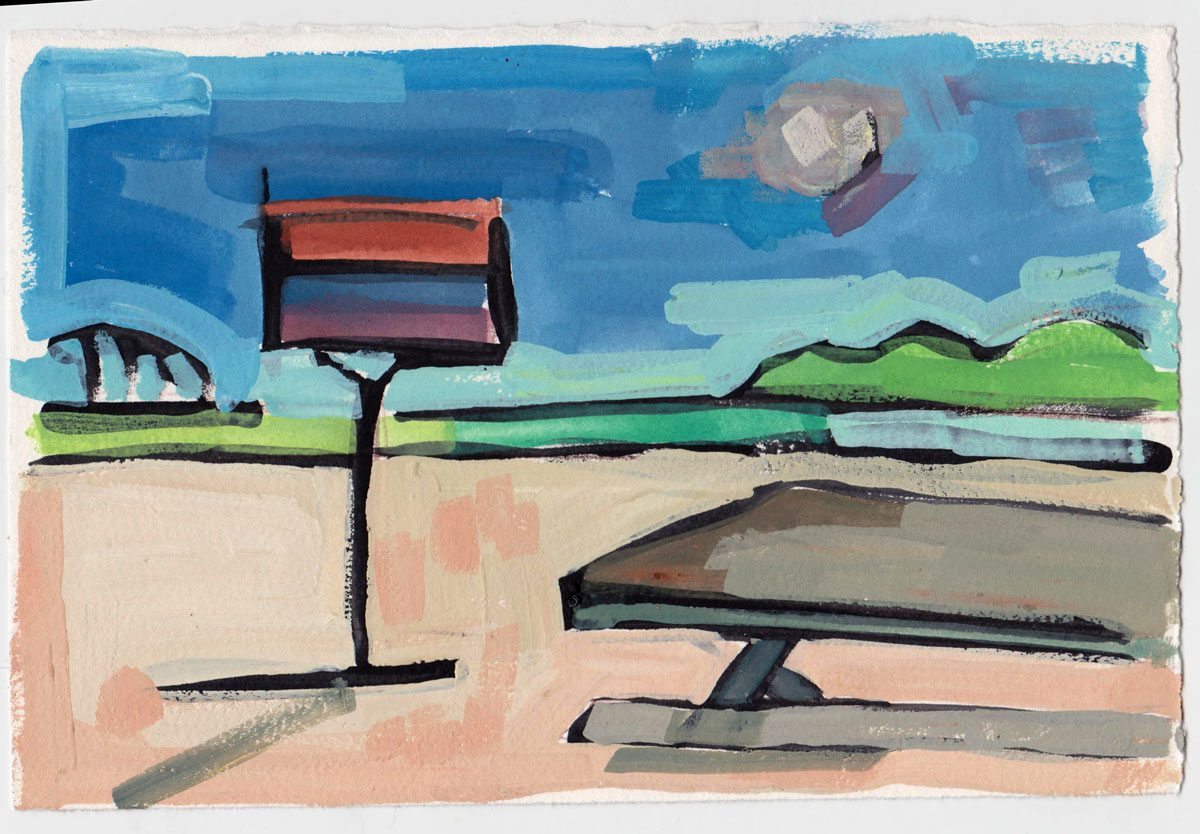 Painting of Jones Beach, park bench and grill