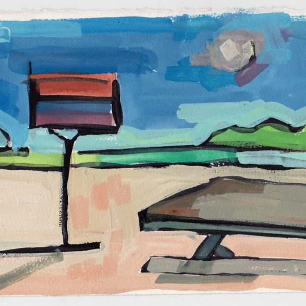 Painting of Jones Beach, park bench and grill