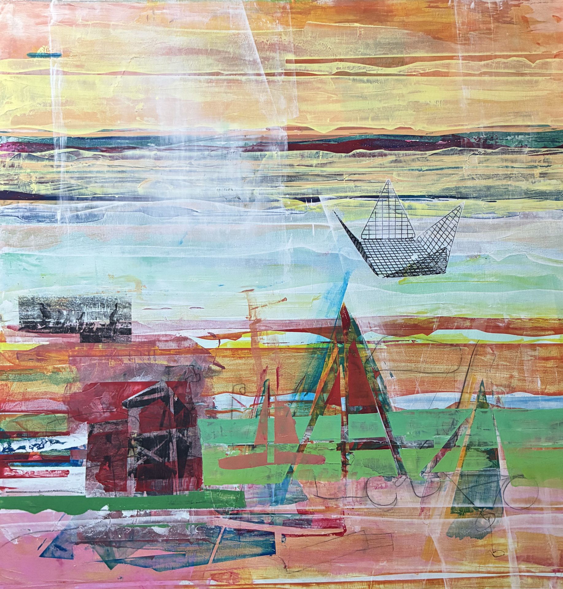 Waterfront, 3’x3′ mixed media